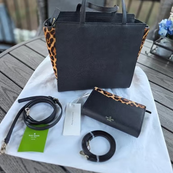 Kate Spade Black and Leopard Cat Tote with Wallet - Picture 2 of 9